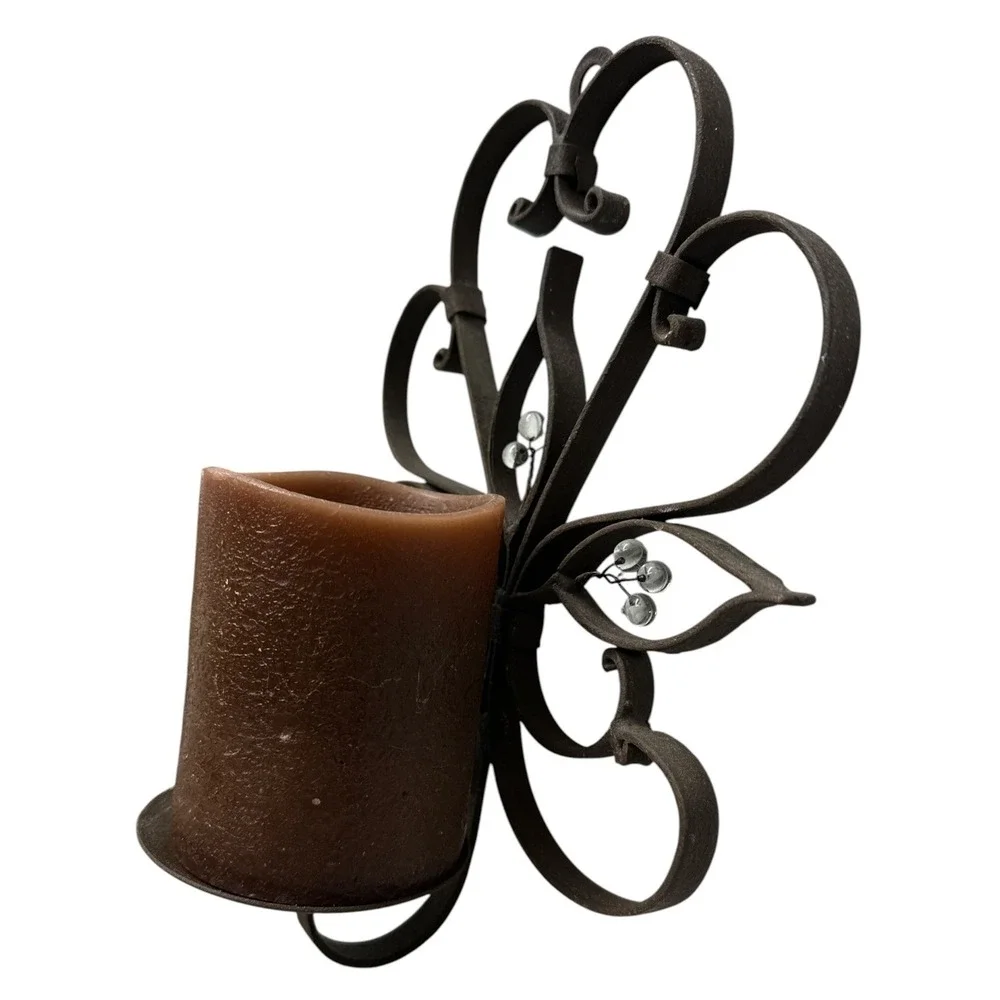 Vintage Pair of Heavy Brown Wrought Iron Wall Candle Sconces w/ Brown Candles